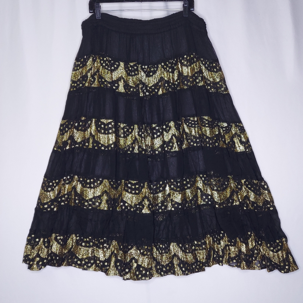Sheer Full Skirt One-Size Black Gold Metallic Lace Stripe Drawstring Whimsigoth